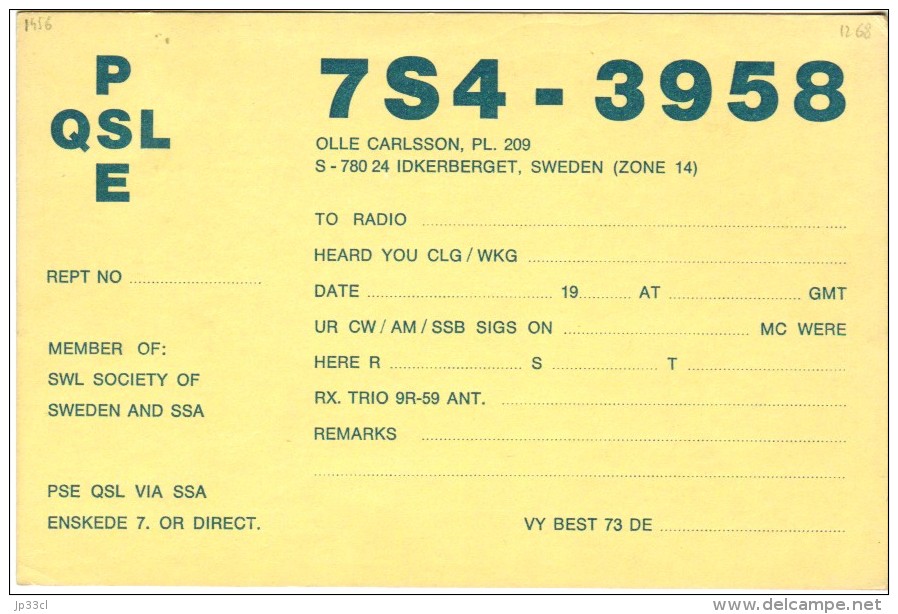 Very Old QSL Card From Olle Carlsson, Idkerberget, Sweden (7S4-3958) - Year 1968 - CB-Funk