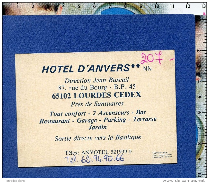 VP - Carte De Visite Hôtel  D' ANVERS à LOURDES - Direction Jean Buscail - Scan Recto Verso - Sport En Toerisme