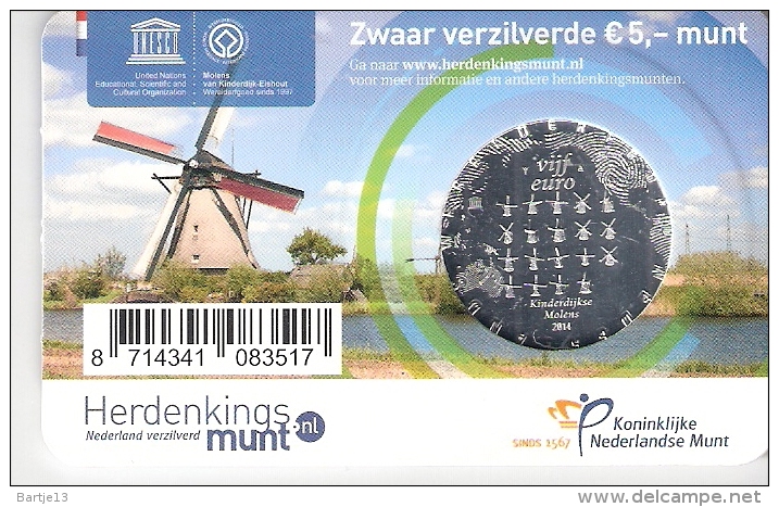 NEDERLAND 5 EURO 2014 HET MOLEN VIJFJE IN COINCARD - 1980-2001 : Beatrix