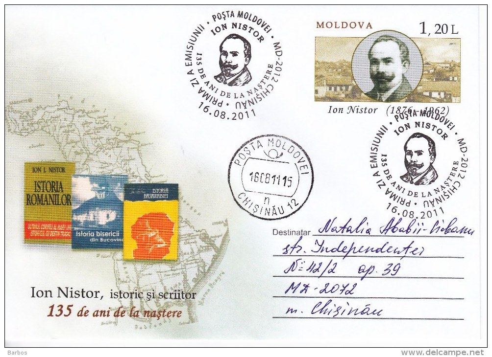 MOLDOVA   MOLDAVIE  MOLDAWIEN  2011 Pre-paid Envelope. I.Nistor  Historical , Writer, Map ; FDC. Used. - Moldova
