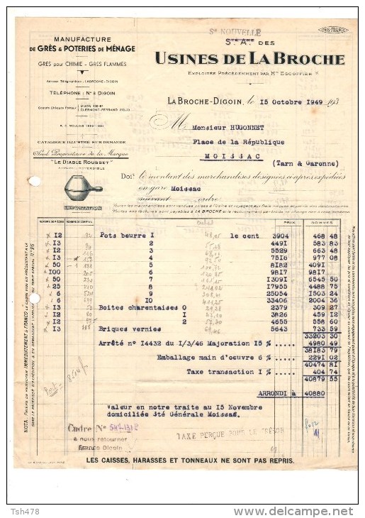 LA BROCHE-DIGOIN à MOISSAC-- Facture  USINES DE LABROCHE LA BROCHE-DIGOIN--voir Scans - 1950 - ...