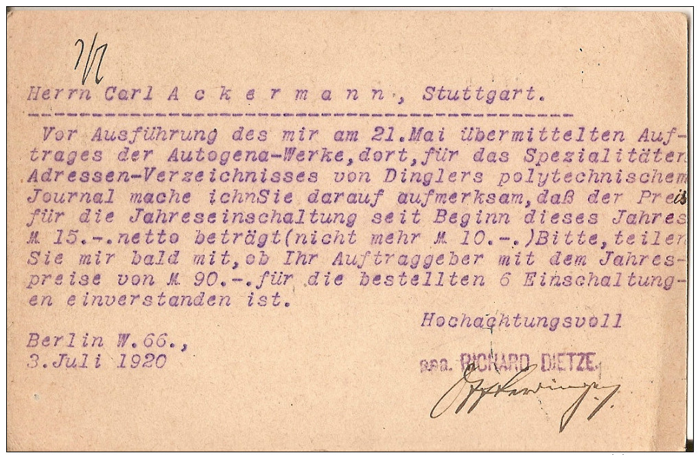 1920 Berlin Stutttgart-dietze Verlagebuch-editeur - Brieven En Documenten