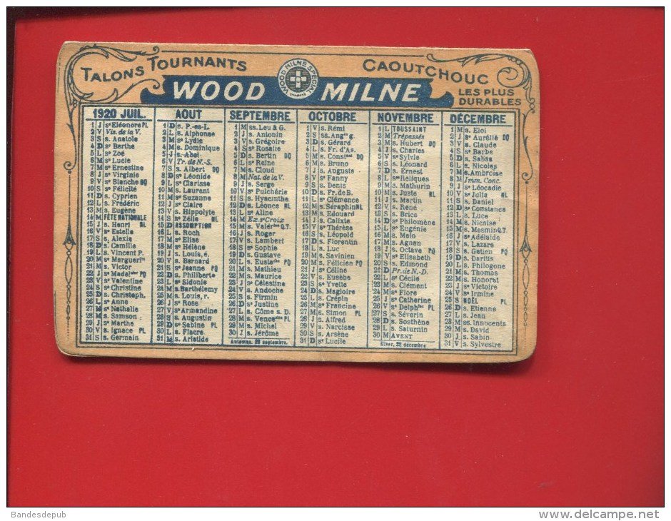 WOOD MILNE TALONS  MINI CALENDRIER 1920 CAOUTCHOUC - Kleinformat : 1921-40