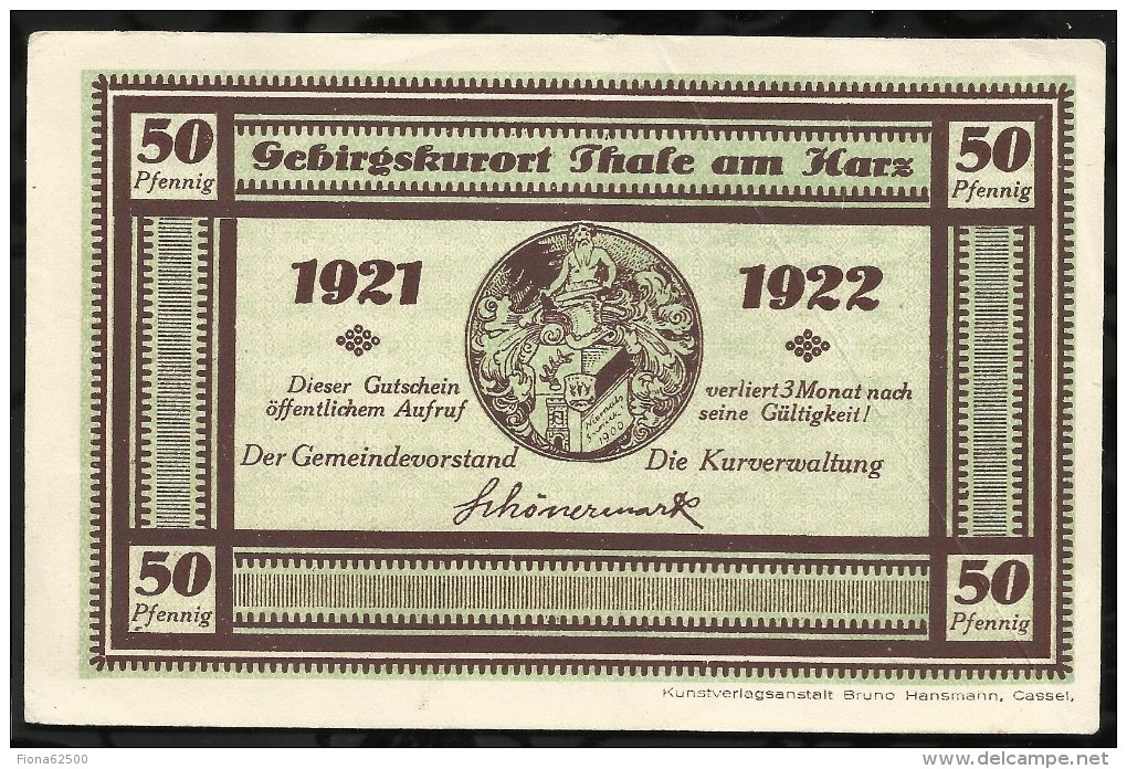 BILLET DE NECESSITE . THALE AM HARS . 50 PFENNIG . 1921 / 1922 . - [11] Emisiones Locales