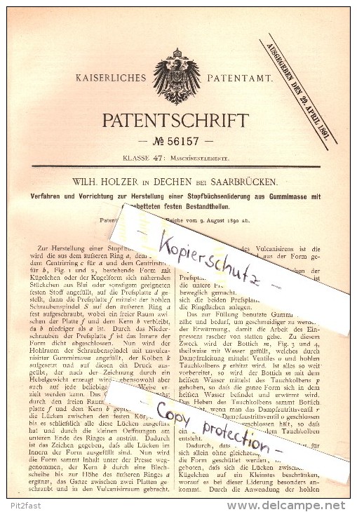 Original Patent - W. Holzer In Dechen / Saarland ,1890, Stopfbüchsenliderung , Maschinenbau , Neunkirchen , Saarbrücken - Kreis Neunkirchen