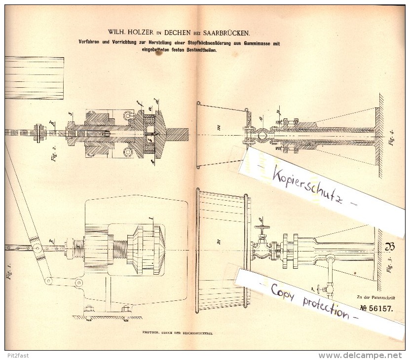 Original Patent - W. Holzer In Dechen / Saarland ,1890, Stopfbüchsenliderung , Maschinenbau , Neunkirchen , Saarbrücken - Kreis Neunkirchen