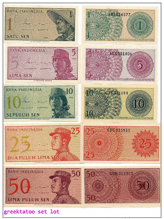 Indonesia Set Of 5 Banknotes 1 , 5 ,10 , 25 , 50 Sen 1964 UNC ! - Indonesia