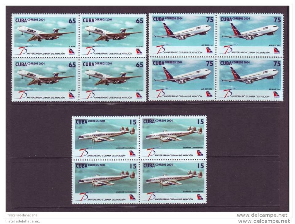 2004.125 CUBA 2004  CUBA AVION 75 ANIVERSARIO DE CUBANA DE AVIACION. COMPLETE SET MNH AIRPLANE BLOCK 4 - Unused Stamps