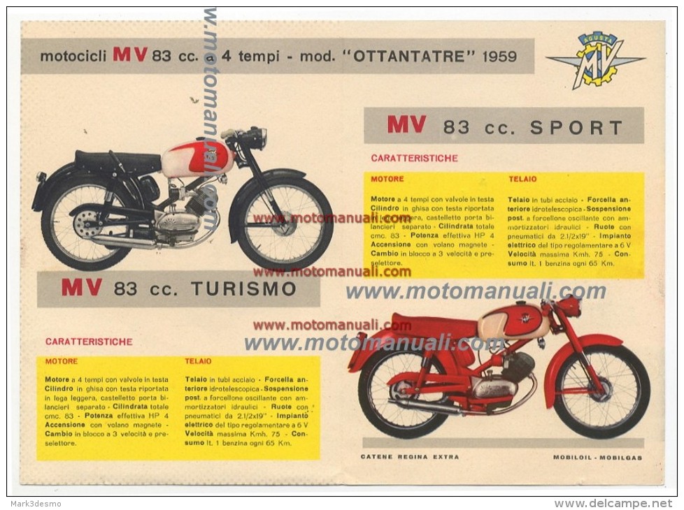 MV Agusta Moto 83 Turismo Sport 1959  Depliant Originale Genuine Factory Brochure Prospekt - Motori