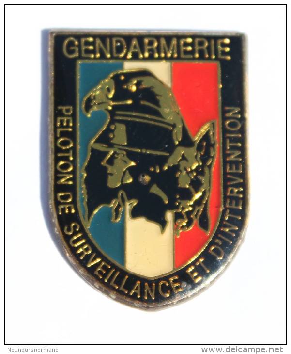 Pin´s GENDARMERIE - Peloton De Surveillance Et D´Intervention - Aigle - Gendarme Et Chien - Kris -  D1005 - Militari