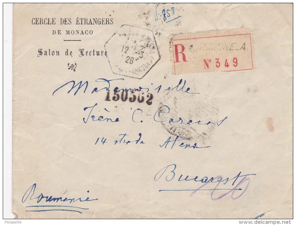 MONACO   LETTRE RECOMMANDEE POUR LA ROUMANIE  1926 - Covers & Documents