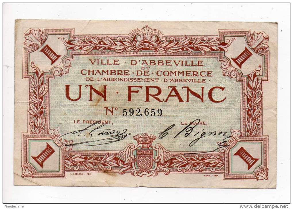 Billet Chambre De Commerce - 1Franc - Ville D'Abbeville - Filigrane Feuille - Avec Timbre à Sec - Non Daté - Cámara De Comercio