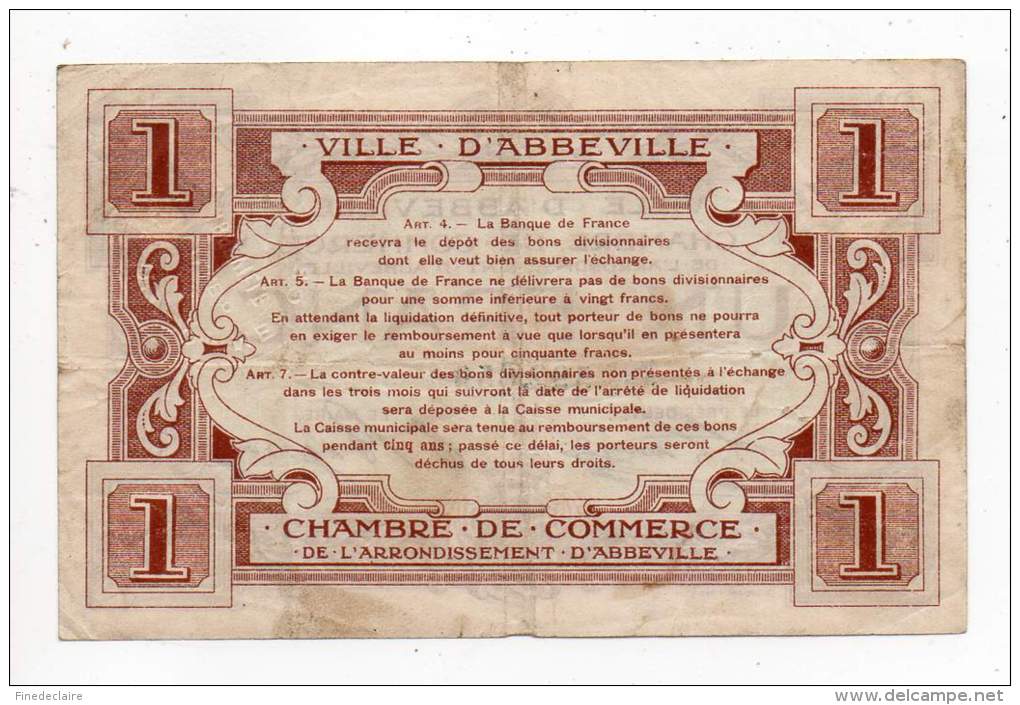 Billet Chambre De Commerce - 1Franc - Ville D'Abbeville - Filigrane Feuille - Avec Timbre à Sec - Non Daté - Cámara De Comercio