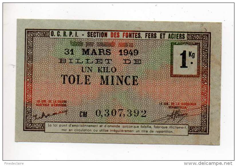 Bon De Matière - Tôle Mince 1Kg - 1949 - Filigrané - Notgeld