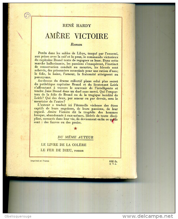 RENE HARDY AMERE VICTOIRE LAFFONT 280 PAGES  1955 TOP - Action