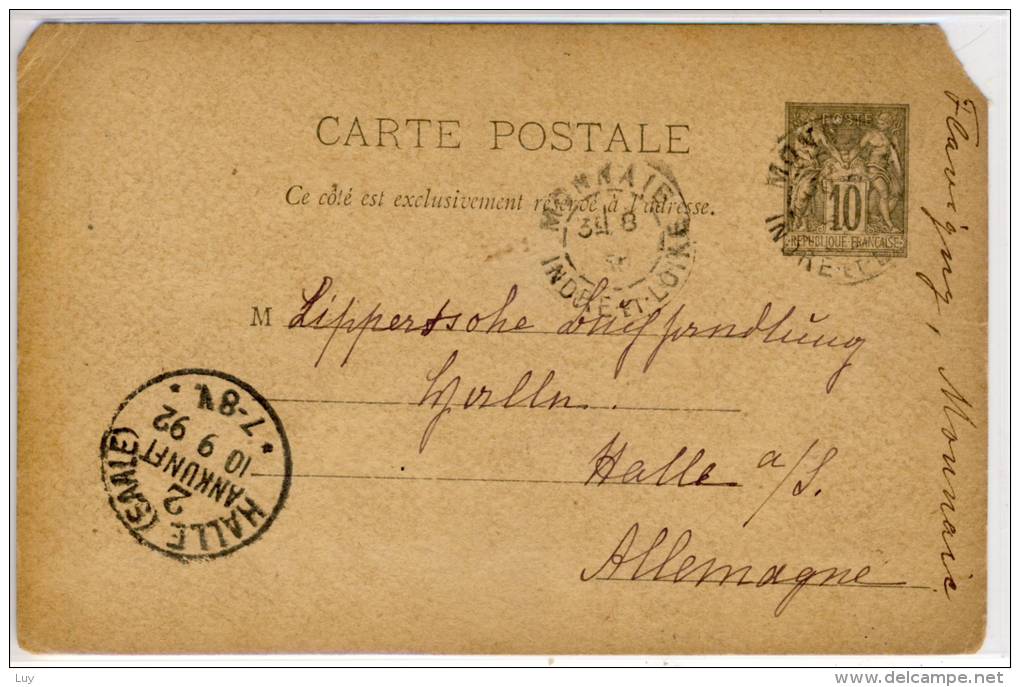 France - Entire CP,  1892 -  De MONNAIE ->  Halle (Saale) Ankunft - Standard Postcards & Stamped On Demand (before 1995)