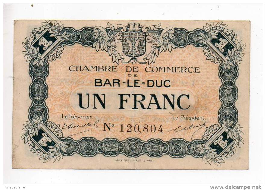 Billet Chambre De Commerce - Bar Le Duc - 1Fr - 4 Novembre 1920 - Sans Filigrane - Cámara De Comercio