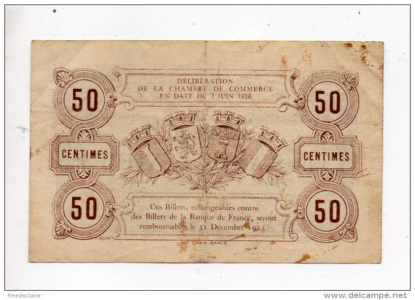 Billet Chambre De Commerce De Beauvais Et De L'Oise - 50 Cts - 2 Juin 1920 - Filigrane Abeilles - Cámara De Comercio