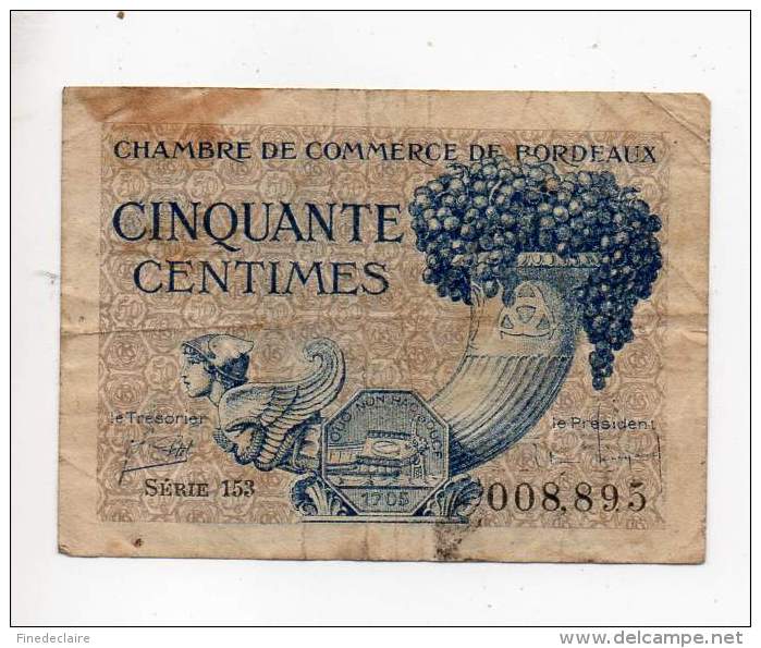 Billet Chambre De Commerce De Bordeaux - 50 Cts - Emission 1921 - Série 153 - Sans Filigrane - Cámara De Comercio