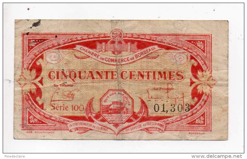 Billet Chambre De Commerce De Bordeaux - 50 Cts - Emission 1920 - Série 100 - Filigrane Abeilles - Cámara De Comercio