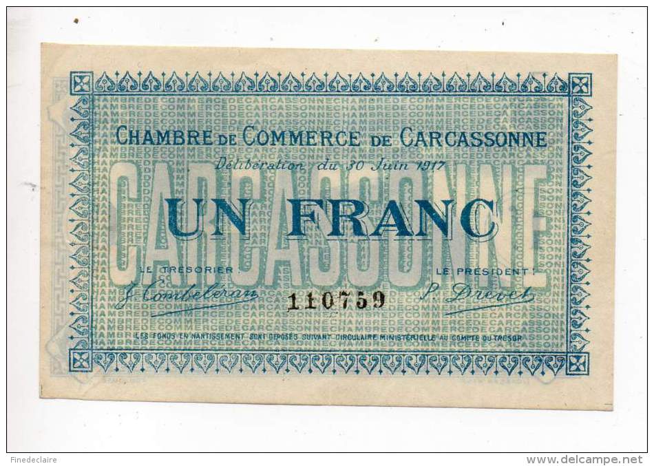 Billet Chambre De Commerce De Carcassonne - 1Fr - 30 Juin 1922 - Sans Filigrane - Cámara De Comercio