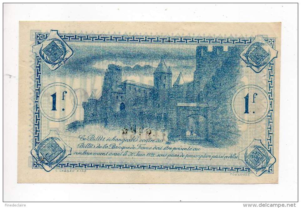 Billet Chambre De Commerce De Carcassonne - 1Fr - 30 Juin 1922 - Sans Filigrane - Cámara De Comercio