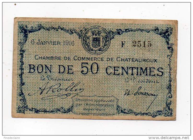 Billet Chambre De Commerce De Chateauroux - 50 Cts - 6 Janvier 1916 - Sans Filigrane - Chamber Of Commerce