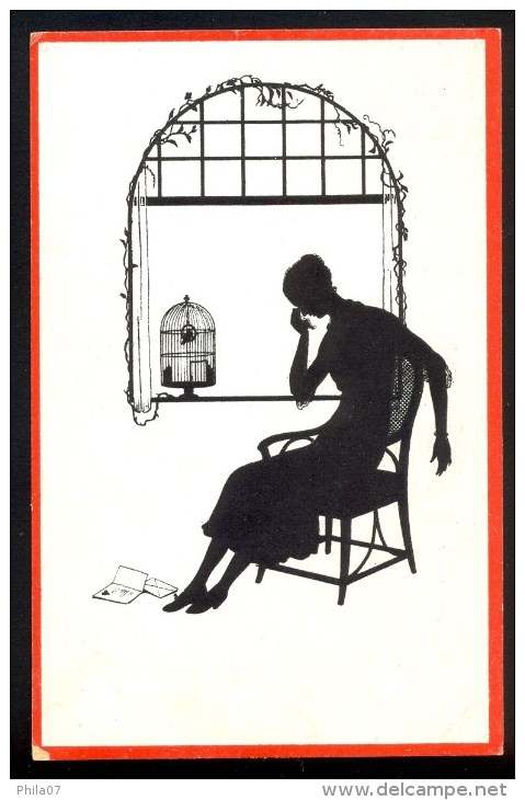 J.S. U. Co. M. Ser. 621-26 - Letter, Woman, Birdcage ----- Postcard Not Traveled - Scherenschnitt - Silhouette