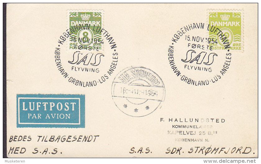 Denmark Luftpost Par Avion Label SAS 1st Flight KØBENHAVN-GRØNLAND-LOS ANGELES 1954 Card Karte RETURN Sdr. STRØMFJORD - Posta Aerea