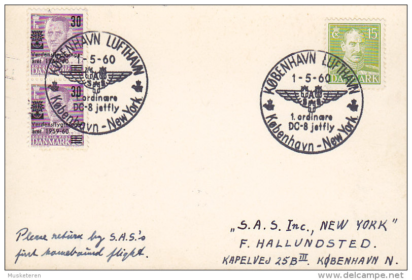 Denmark SAS 1st Flight DC-8 Jet KØBENHAVN - NEW YORK 1960 Card Karte World Refugee Overprinted Stamps (2 Scans) - Luftpost