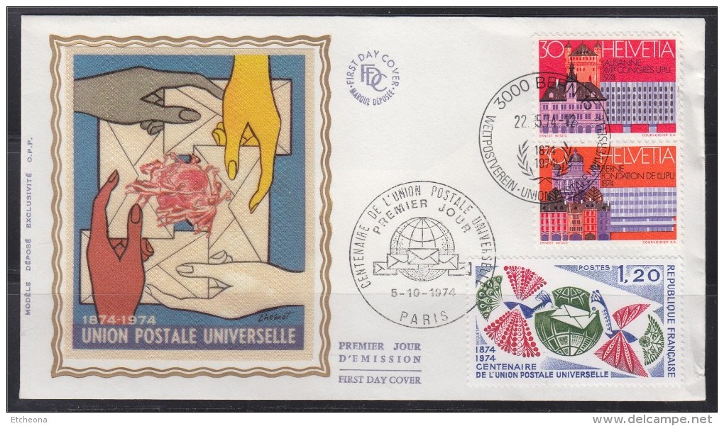 = Enveloppe 1er Jour Centenaire De L'UPU France Paris 5.10.74 N°1817 Et 2 Timbres De Suisse 22.5.74 - U.P.U.