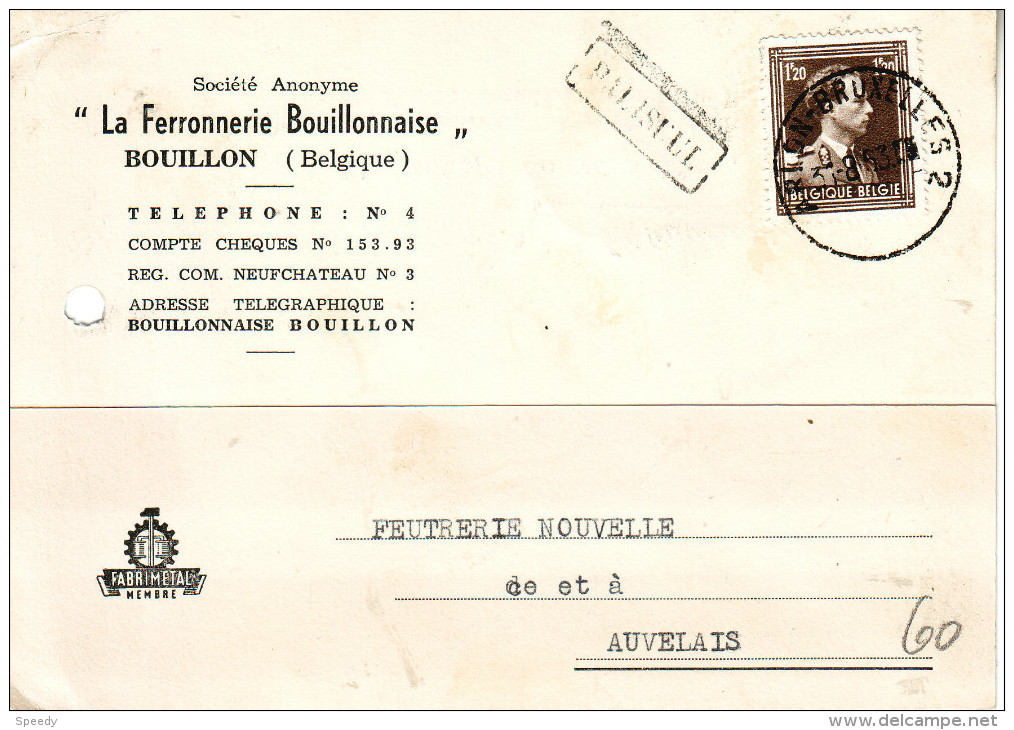 TREINSTEMPEL / AMBULANT : Bf Met PZ (B) " ARLON - BRUXELLES 2 / 31.8.63 -|" + Griffe In Kader "PALISEUL" (1, Klas .gat) - Ambulante Stempels