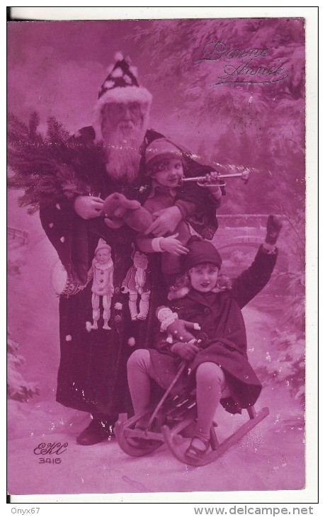 Carte Postale Fantaisie "Bonne Année" Père NOËL Avec JOUET - Poupée-Ours - Enfant En Luge Hiver - Santa Claus