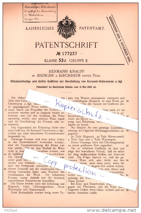 Original Patent - H. Knaupp In Jesingen B. Kirchheim Unter Teck , 1905 ,  Herstellung Von Karamel - Osterwaren , Ostern - Easter