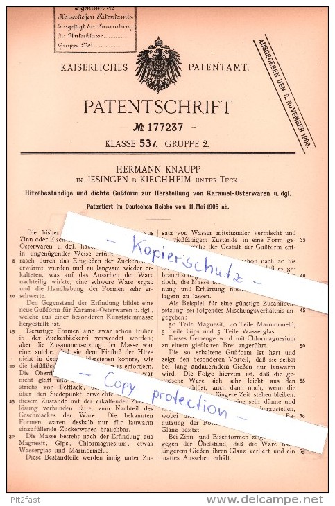 Original Patent - H. Knaupp In Jesingen B. Kirchheim Unter Teck , 1905 ,  Herstellung Von Karamel - Osterwaren , Ostern - Ostern