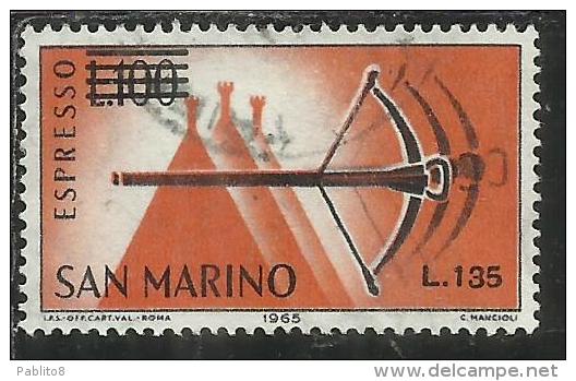 SAN MARINO 1965 ESPRESSI SPECIAL DELIVERY BALESTRA SOPRASTAMPATO SURCHARGED LIRE 135 SU 100 USATO USED - Timbres Express