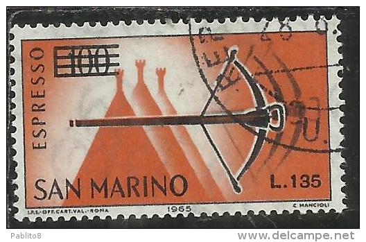 REPUBBLICA DI SAN MARINO 1965 ESPRESSI SPECIAL DELIVERY BALESTRA SOPRASTAMPATO SURCHARGED LIRE 135 SU 100 USATO USED - Francobolli Per Espresso