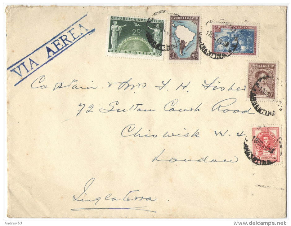 ARGENTINA - ARGENTINE - 1949 - Via Aerea - Air Mail - 5 Stamps - Viaggiata Per Chiswick, England - Storia Postale