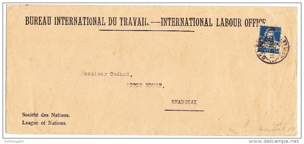 Brief Bureau International Du Travail BIT 14.III.28 Genève Rasierklingen Stempel Nach Shanghai Mit Ak St. - Oficial