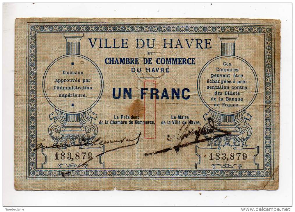 Billet Chambre De Commerce Du Havre - 1 Fr - Sans Date - Sans Filigrane - Cámara De Comercio