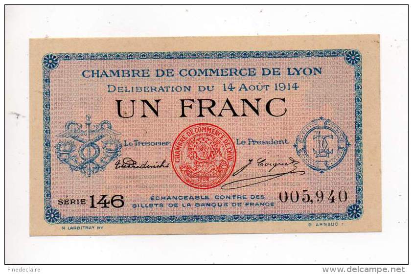 Billet Chambre De Commerce De Lyon - 1 Fr - 14 Août 1914 - Série 146 - Sans Filigrane - Cámara De Comercio