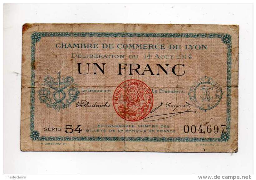 Billet Chambre De Commerce De Lyon - 1 Fr - 14 Août 1914 - Série 54 - Sans Filigrane - Cámara De Comercio
