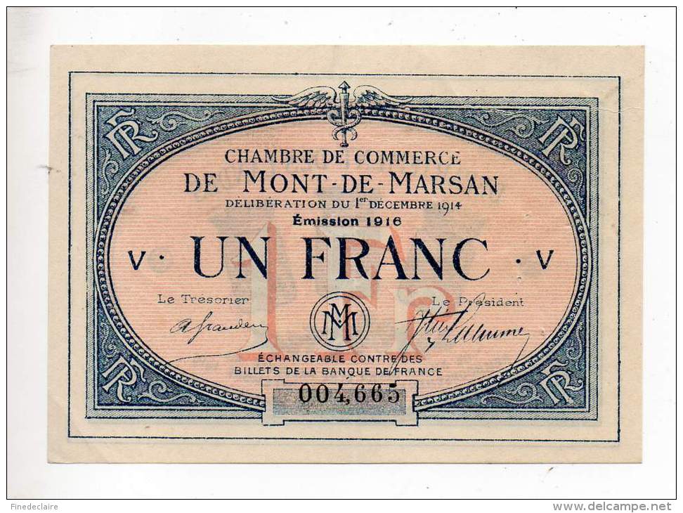 Billet Chambre De Commerce De Mont De Marsan - 1 Fr - 1er Décembre 1914 - Emission 1916 - Série V - Sans Filigrane - Cámara De Comercio