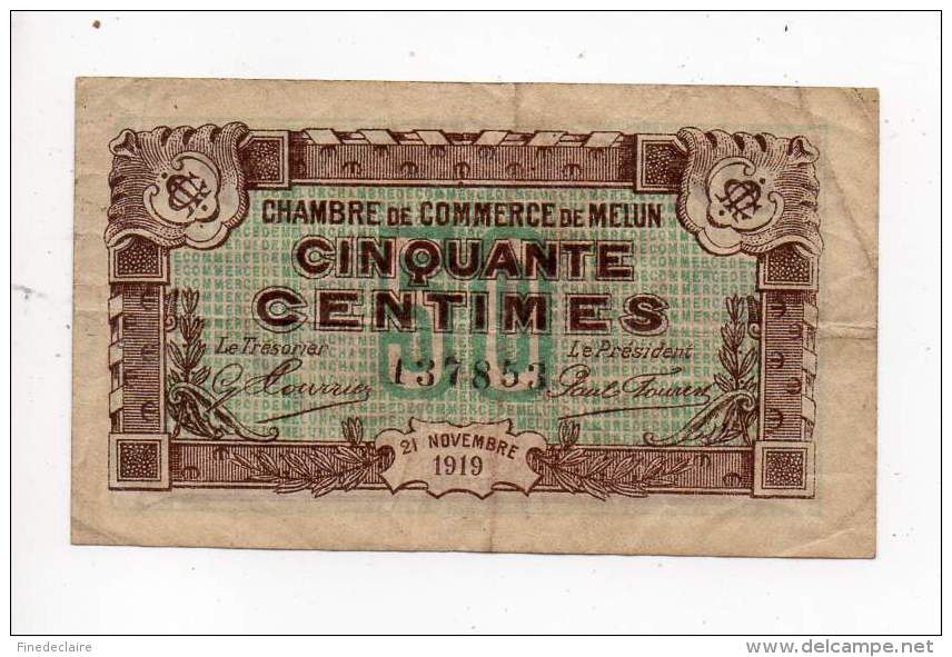 Billet Chambre De Commerce De Melun - 50 Cts - 21 Novembre 1919 - Sans Filigrane - Cámara De Comercio