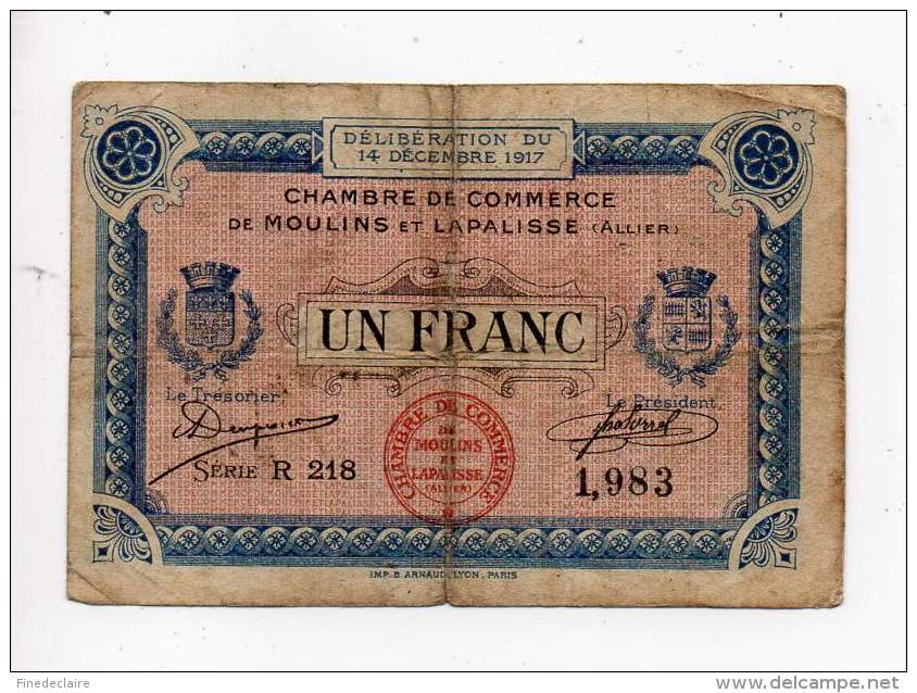 Billet Chambre De Commerce De Moulins Et Lapalisse - 1 Fr - 14 Décembre 1914 - Série R218 - Sans Filigrane - Cámara De Comercio