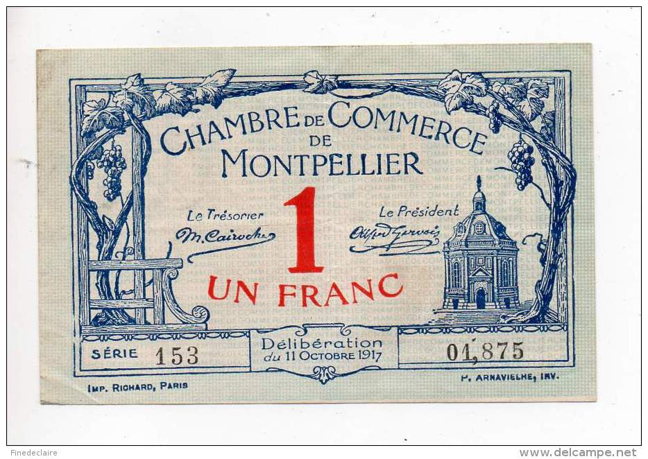 Billet Chambre De Commerce De Montpellier - 1 Fr - 11 Octobre 1917 - Série 153 - Sans Filigrane - Camera Di Commercio