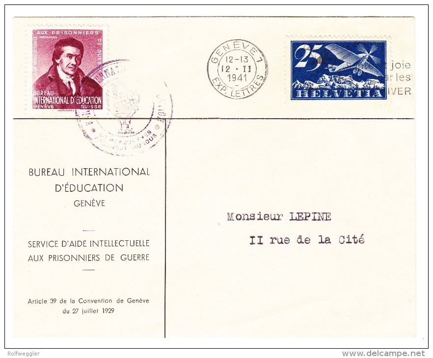 Brief B.I.E.Bureau International D´Education 12.II.1941 Genève 1 Mit BIE DV Marke Pestalozzi Weinrot I - Service