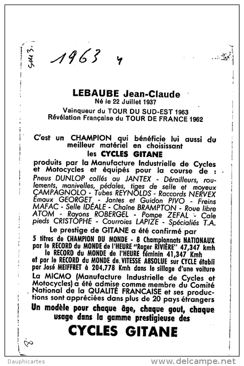 Jean Claude LEBAUBE - Equipe GITANE Campagnolo - G.S. V.C. 12è Saint Raphaël Saison 1963 - 2 Scans - Cyclisme