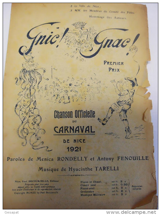 RARE PARTITION  CHANSON OFFICIELLE CARNAVAL DE NICE 1921 COMPLETE DANS SON JUS - Other & Unclassified