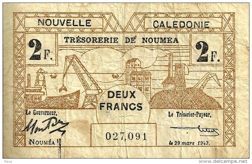 NEW CALEDONIA 2 FRANCS MINE FRONT ANIMAL HEAD BACK WWII EMERGENCY ISSUE DATED 29-03-1943 P56b AVF READ DESCRIPTION!! - Nouvelle-Calédonie 1873-1985